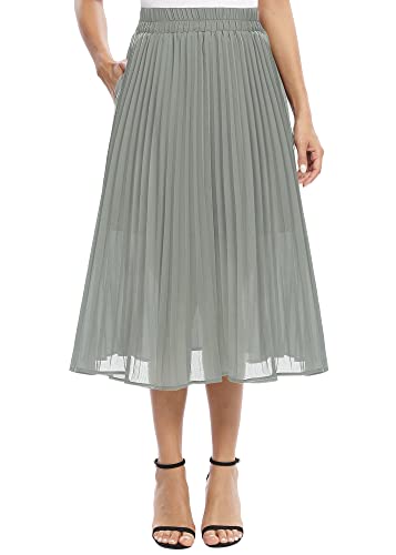 EXCHIC Damen Fließender Chiffon Elastisch Taille Midi Rock Freizeit A-Linie Knielange Falten Rock mit Tasche (S, Dunkelgrau) von EXCHIC