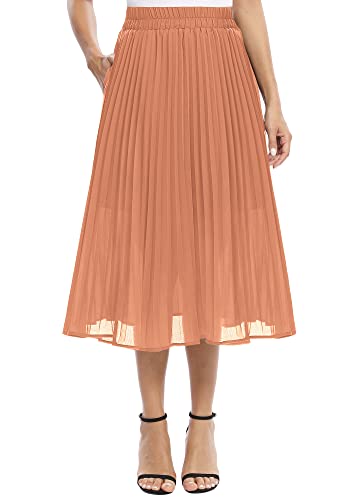 EXCHIC Damen Fließender Chiffon Elastisch Taille Midi Rock Freizeit A-Linie Knielange Falten Rock mit Tasche (S, Lachsrot) von EXCHIC