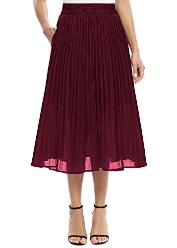 EXCHIC Damen Fließender Chiffon Elastisch Taille Midi Rock Freizeit A-Linie Knielange Falten Rock mit Tasche (S, Weinrot) von EXCHIC