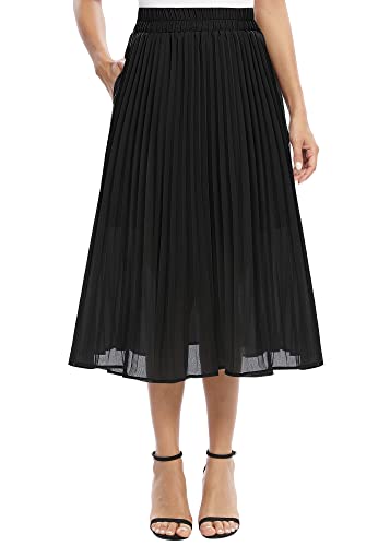 EXCHIC Damen Fließender Chiffon Elastisch Taille Midi Rock Freizeit A-Linie Knielange Falten Rock mit Tasche (XL, Schwarz) von EXCHIC