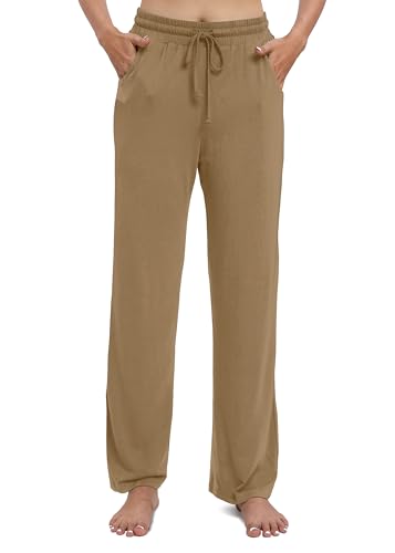 EXCHIC Damen Freizeit Elastische Gerades Bein Hose Lounge Mittel Taille Weite Yoga Hosen mit Taschen(L, Kamel) von EXCHIC
