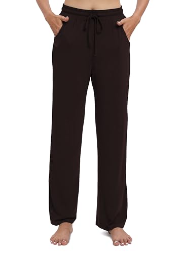 EXCHIC Damen Lässig Dehnbar Gerades Bein Hose mit Kordelzug Elastische Taille Yoga Hose mit Taschen(M, Kaffee) von EXCHIC