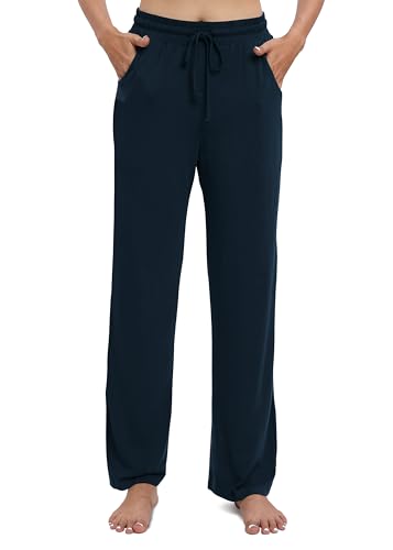 EXCHIC Damen Lässig Dehnbar Gerades Bein Hose mit Kordelzug Elastische Taille Yoga Hose mit Taschen(M, Navy Blau) von EXCHIC