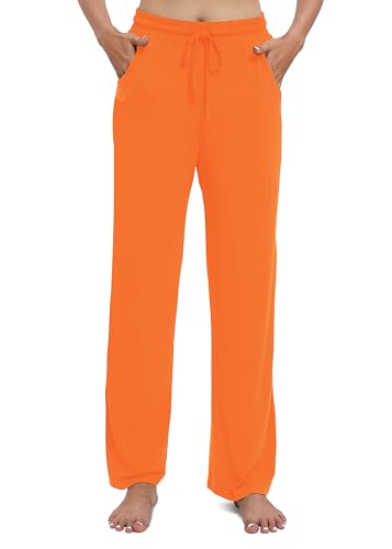 EXCHIC Damen Lässig Dehnbar Gerades Bein Hose mit Kordelzug Elastische Taille Yoga Hose mit Taschen(M, Orange) von EXCHIC