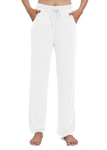 EXCHIC Damen Lässig Dehnbar Gerades Bein Hose mit Kordelzug Elastische Taille Yoga Hose mit Taschen(M, Weiß) von EXCHIC