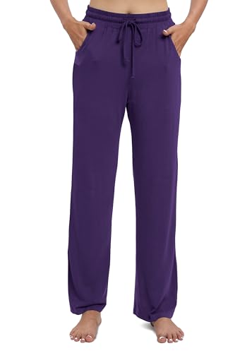 EXCHIC Damen Lässig Dehnbar Gerades Bein Hose mit Kordelzug Elastische Taille Yoga Hose mit Taschen(S, Violett) von EXCHIC