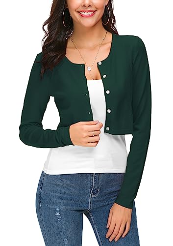 EXCHIC Damen Elegant Langarm Bolero Strickjacke mit Knöpfe Rundhals Festlich Gestrickte Shrug Kurz Cardigan für Kleider (XL, Dunkelgrün) von EXCHIC