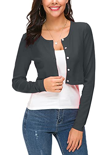 EXCHIC Damen Elegant Langarm Bolero Strickjacke mit Knöpfe Rundhals Festlich Gestrickte Shrug Kurz Cardigan für Kleider (XL, Grau) von EXCHIC