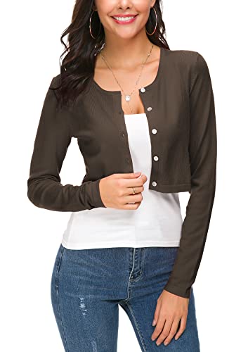 EXCHIC Damen Elegant Langarm Bolero Strickjacke mit Knöpfe Rundhals Festlich Gestrickte Shrug Kurz Cardigan für Kleider (XL, Kaffee) von EXCHIC