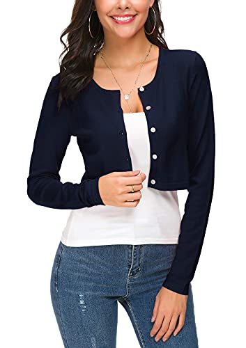 EXCHIC Damen Elegant Langarm Bolero Strickjacke mit Knöpfe Rundhals Festlich Gestrickte Shrug Kurz Cardigan für Kleider (XL, Navy Blau) von EXCHIC