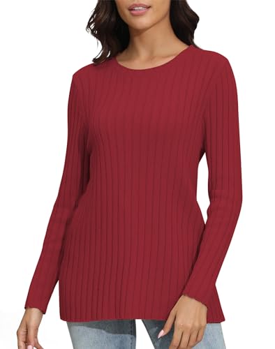 Damen Lässig Rundhalsausschnitt Langarm Leichtes Sweatshirt Klassische Casual Gestrickte Pullover Tops(XL, Rot) von EXCHIC