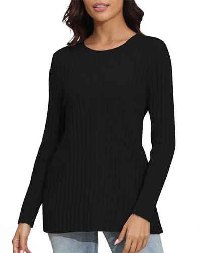 Damen Lässig Rundhalsausschnitt Langarm Leichtes Sweatshirt Klassische Casual Gestrickte Pullover Tops(XL, Schwarz) von EXCHIC