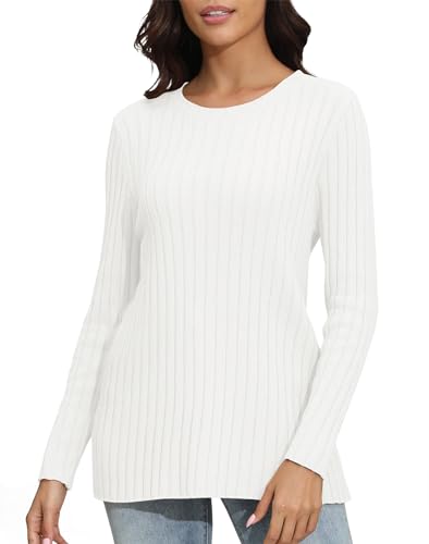 Damen Lässig Rundhalsausschnitt Langarm Leichtes Sweatshirt Klassische Casual Gestrickte Pullover Tops(XL, Weiß) von EXCHIC
