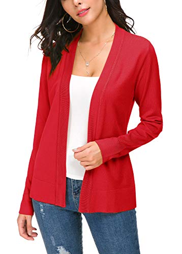 Damen Elegant Langarm Elastisch Strickjacke Cardigan Casual Leicht V-Ausschnitt Gestrickt Blazer (L, Rot) von EXCHIC