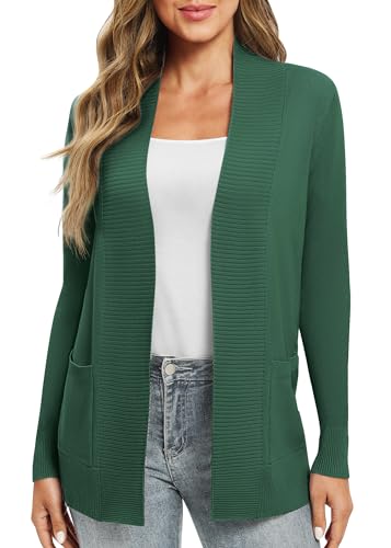 EXCHIC Leicht Damen Lange Ärmel V-Ausschnitt Lange Gestrickt Cardigan Gemütlich Offene Front Strickjacke mit Taschen (L, Dunkelgrün) von EXCHIC