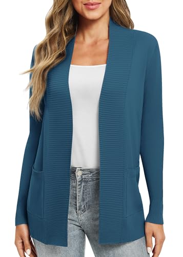 EXCHIC Leicht Damen Lange Ärmel V-Ausschnitt Lange Gestrickt Cardigan Gemütlich Offene Front Strickjacke mit Taschen (L, Indigo Blau) von EXCHIC