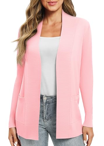 EXCHIC Leicht Damen Lange Ärmel V-Ausschnitt Lange Gestrickt Cardigan Gemütlich Offene Front Strickjacke mit Taschen (L, Rosa) von EXCHIC