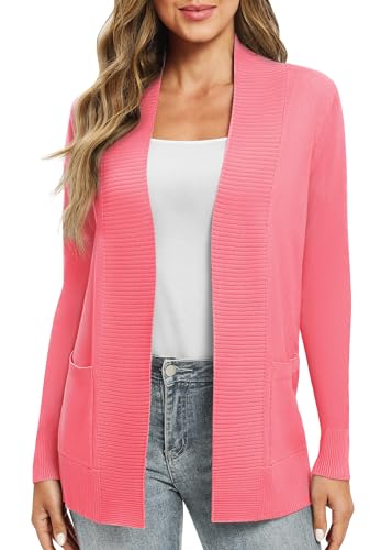 EXCHIC Leicht Damen Lange Ärmel V-Ausschnitt Lange Gestrickt Cardigan Gemütlich Offene Front Strickjacke mit Taschen (M, Korallenrot) von EXCHIC