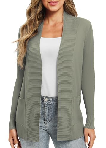 EXCHIC Leicht Damen Lange Ärmel V-Ausschnitt Lange Gestrickt Cardigan Gemütlich Offene Front Strickjacke mit Taschen (M, Licht Oliver) von EXCHIC