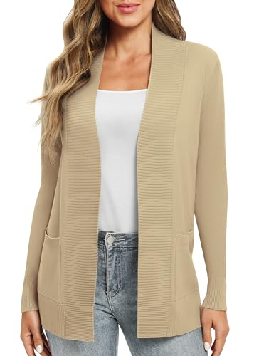 EXCHIC Leicht Damen Lange Ärmel V-Ausschnitt Lange Gestrickt Cardigan Gemütlich Offene Front Strickjacke mit Taschen (S, Apricot) von EXCHIC