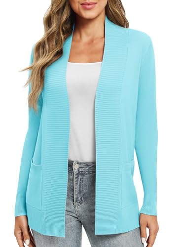 EXCHIC Leicht Damen Lange Ärmel V-Ausschnitt Lange Gestrickt Cardigan Gemütlich Offene Front Strickjacke mit Taschen (S, Light Blue) von EXCHIC
