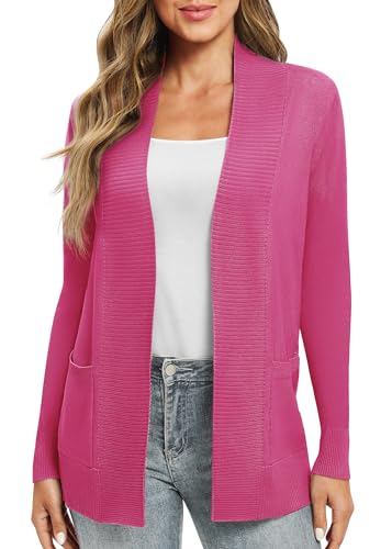 EXCHIC Leicht Damen Lange Ärmel V-Ausschnitt Lange Gestrickt Cardigan Gemütlich Offene Front Strickjacke mit Taschen (S, Roserot) von EXCHIC