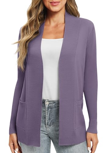 EXCHIC Leicht Damen Lange Ärmel V-Ausschnitt Lange Gestrickt Cardigan Gemütlich Offene Front Strickjacke mit Taschen (S, Violett) von EXCHIC