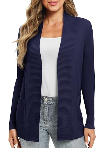 EXCHIC Leicht Damen Lange Ärmel V-Ausschnitt Lange Gestrickt Cardigan Gemütlich Offene Front Strickjacke mit Taschen (L, Navy Blau) von EXCHIC