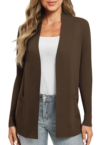 EXCHIC Leicht Damen Lange Ärmel V-Ausschnitt Lange Gestrickt Cardigan Gemütlich Offene Front Strickjacke mit Taschen (S, Braun) von EXCHIC