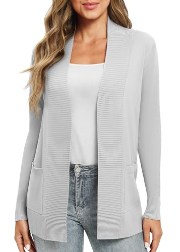 EXCHIC Leicht Damen Lange Ärmel V-Ausschnitt Lange Gestrickt Cardigan Gemütlich Offene Front Strickjacke mit Taschen (S, Hellgrau) von EXCHIC