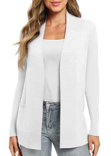 EXCHIC Leicht Damen Lange Ärmel V-Ausschnitt Lange Gestrickt Cardigan Gemütlich Offene Front Strickjacke mit Taschen (S, Weiß) von EXCHIC