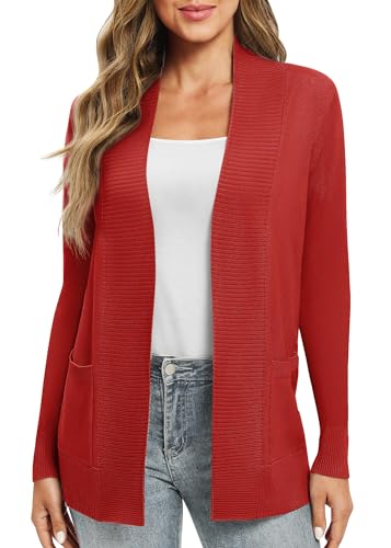 EXCHIC Leicht Damen Lange Ärmel V-Ausschnitt Lange Gestrickt Cardigan Gemütlich Offene Front Strickjacke mit Taschen (XL, Rot) von EXCHIC