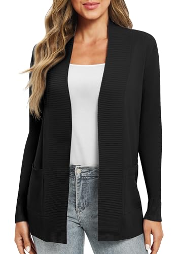 EXCHIC Leicht Damen Lange Ärmel V-Ausschnitt Lange Gestrickt Cardigan Gemütlich Offene Front Strickjacke mit Taschen (XXL, Schwarz) von EXCHIC
