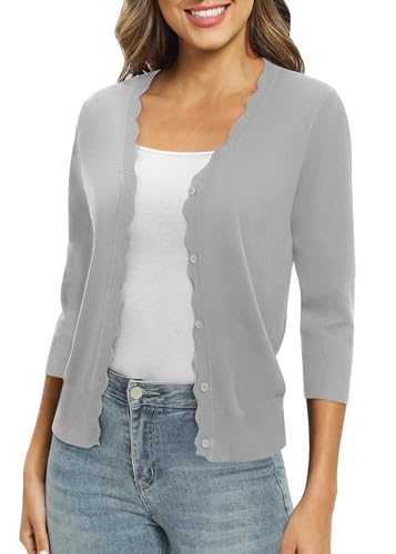 EXCHIC Damen Leichte 3/4 Ärmel V-Ausschnitt Button Down Gestrickt Cardigan Fest Slim Fit Strickjacke für Kleid(L, Hellgrau) von EXCHIC