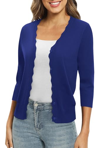 EXCHIC Damen Leichte 3/4 Ärmel V-Ausschnitt Button Down Gestrickt Cardigan Fest Slim Fit Strickjacke für Kleid(L, Königsblau) von EXCHIC