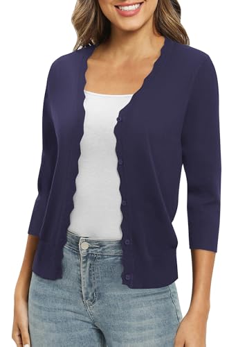 EXCHIC Damen Leichte 3/4 Ärmel V-Ausschnitt Button Down Gestrickt Cardigan Fest Slim Fit Strickjacke für Kleid(L, Marineblau) von EXCHIC