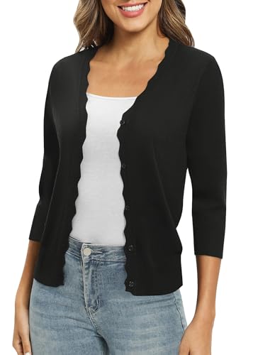 EXCHIC Damen Leichte 3/4 Ärmel V-Ausschnitt Button Down Gestrickt Cardigan Fest Slim Fit Strickjacke für Kleid(L, Schwarz) von EXCHIC