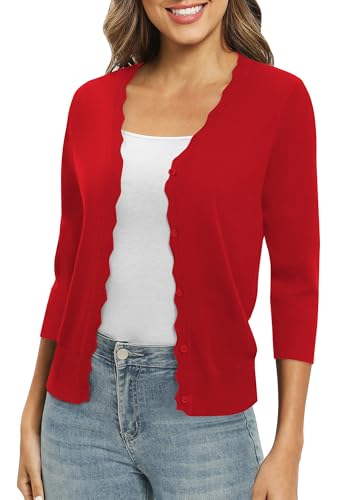 EXCHIC Damen Leichte 3/4 Ärmel V-Ausschnitt Button Down Gestrickt Cardigan Fest Slim Fit Strickjacke für Kleid(M, Rot) von EXCHIC