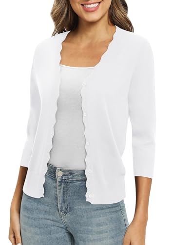EXCHIC Damen Leichte 3/4 Ärmel V-Ausschnitt Button Down Gestrickt Cardigan Fest Slim Fit Strickjacke für Kleid(M, Weiß) von EXCHIC