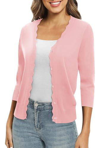 EXCHIC Damen Leichte 3/4 Ärmel V-Ausschnitt Button Down Gestrickt Cardigan Fest Slim Fit Strickjacke für Kleid(XL, Rosa) von EXCHIC