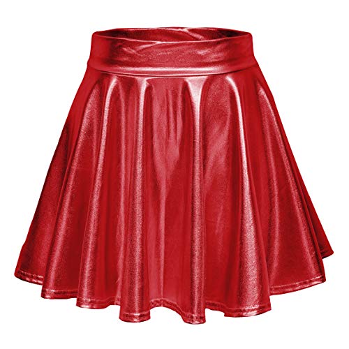 Damen Glänzend Höhe Taille Liquid Mini Rock Metallisch Elastische Taille A-Linien Pull On Skater Röcke (M, Rot) von EXCHIC