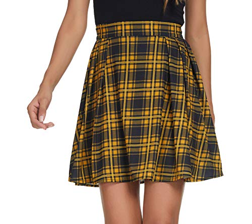 EXCHIC Damen Plaid Vielseitig Beiläufig Kilt Basic Ausgestellt Mini die Röcke (Kurkuma, L) von EXCHIC