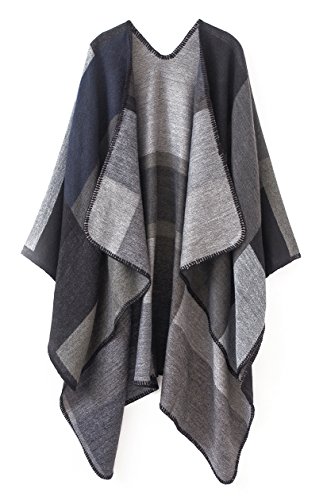 EXCHIC Damen Vintage Farbblocking Schal Wrap Open Front Poncho Übergroße Winterdecke Elegant Cape Coat (Schwarz-1) von EXCHIC