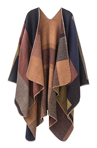 EXCHIC Damen Vintage Farbblocking Schal Wrap Open Front Poncho Übergroße Winterdecke Elegant Cape Coat (Khaki-1) von EXCHIC