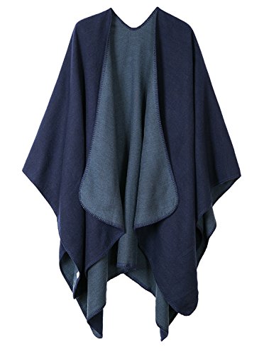 EXCHIC Damen Vintage Farbblocking Schal Wrap Open Front Poncho Übergroße Winterdecke Elegant Cape Coat (Navy Blau) von EXCHIC