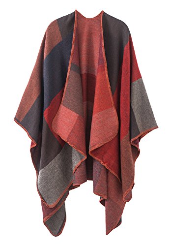 EXCHIC Damen Vintage Farbblocking Schal Wrap Open Front Poncho Übergroße Winterdecke Elegant Cape Coat (Rot-1, One Size) von EXCHIC