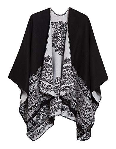 EXCHIC Damen Warm Offene Front Strick Schals und Wraps Floral Elegante Cardigans Poncho Cape Coat Mantel (Schwarz-91) von EXCHIC