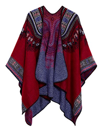 EXCHIC Damen Warm Offene Front Strick Schals und Wraps Floral Elegante Cardigans Poncho Cape Coat Mantel (Rot-92) von EXCHIC