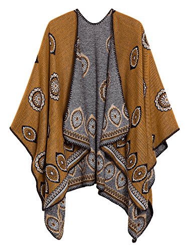 EXCHIC Damen Warm Offene Front Strick Schals und Wraps Floral Elegante Cardigans Poncho Cape Coat Mantel (Gelb-93) von EXCHIC