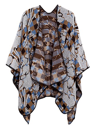 EXCHIC Damen Warm Offene Front Strick Schals und Wraps Floral Elegante Cardigans Poncho Cape Coat Mantel (Grau-94) von EXCHIC